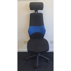 Black & blue high back operator chair with head rest no arms   