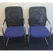 Pair of blue & black mesh chrome meeting chairs with arms